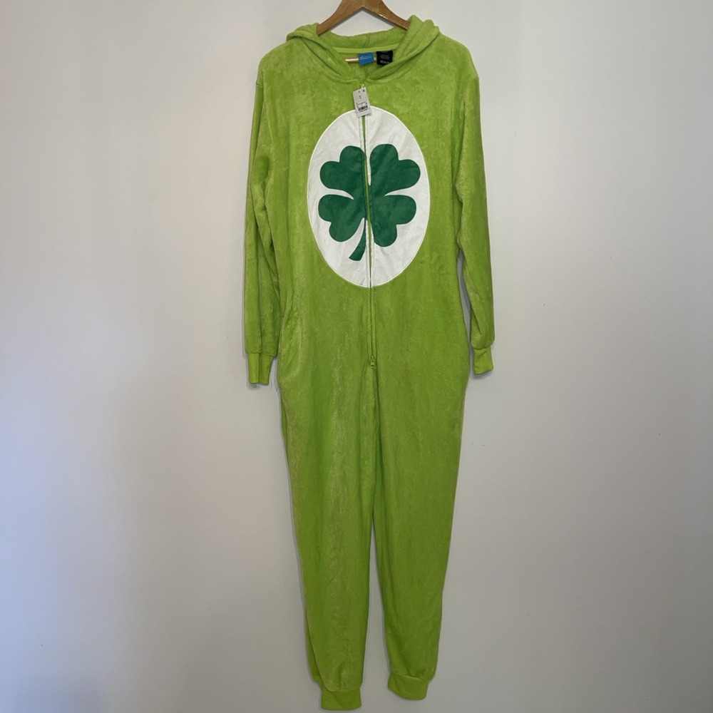 NEW Care Bears Good Luck Bear Adult Costume Pajama Suit Green Zip Hooded Size M